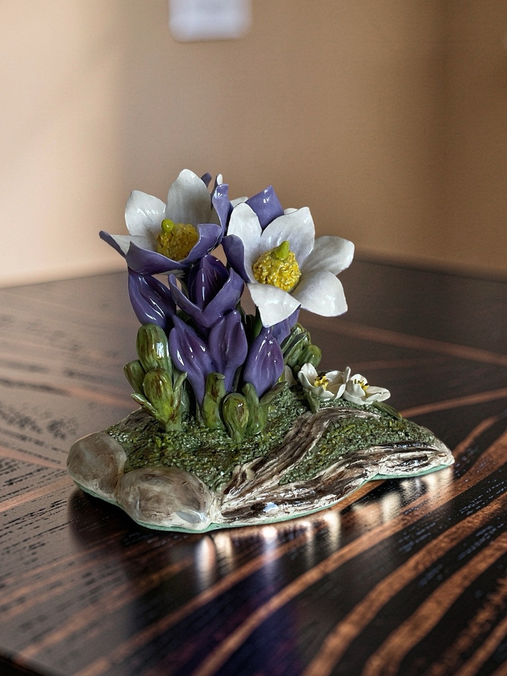 Vintage Linda Olafson Ceramic Sculpture Pasque Flowers